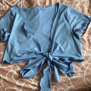Blue Ribbed Tie Blouse
